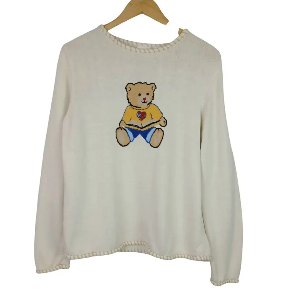CC Hughes VTG SZ L Whip Stiched Cotton Blend Sweater With Embroidered Teddy Bear